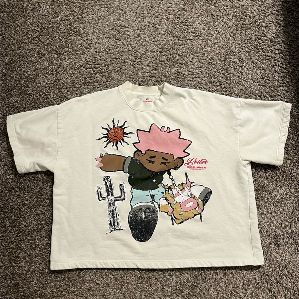Cream and Pink Short Sleeve Tee with Cartoon Graphic